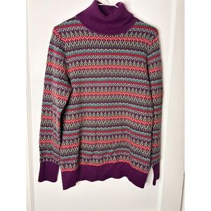LL Bean Womens Fair Isle Turtleneck Sweater Purple Cotton Cashmere Size M 503413